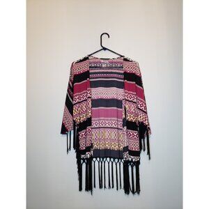 Wrangler Womens Sz S Kimono Long Sleeve Aztec Pink Open Front Black Fringe Boho